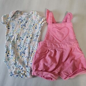 Carter's Baby Girl 3m Outfit Pink Heart‎ Overall Shorts and Floral Bodysuit